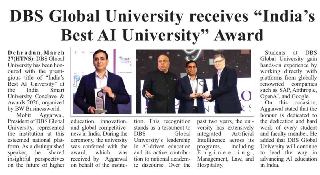 DBS Global University was honored with the award for Indias Best AI University, Himanchal Times - 27 March,2026