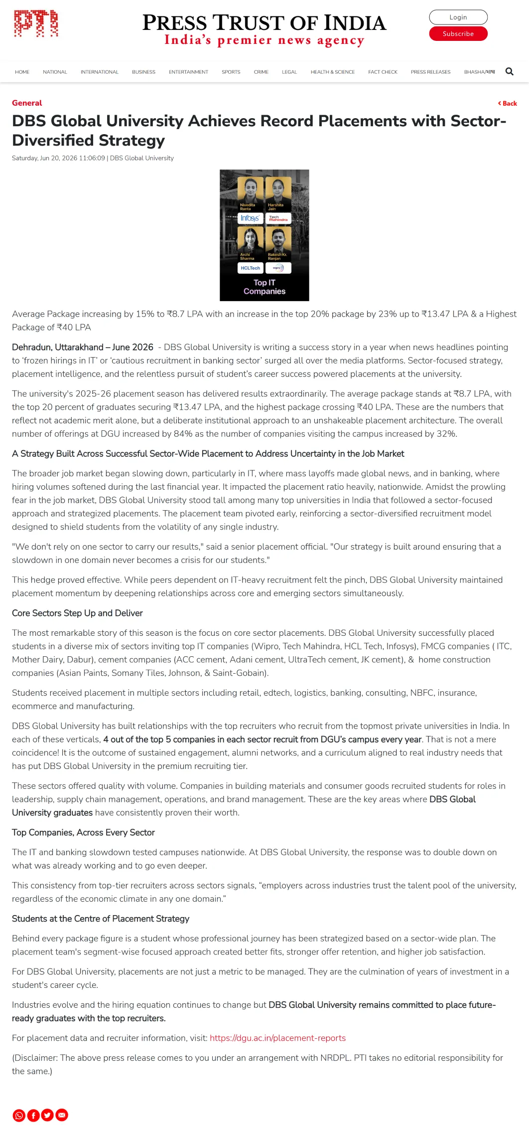 DBS Global University Achieves Record Placements with Sector-Diversified Strategy - PTI 20-06-26