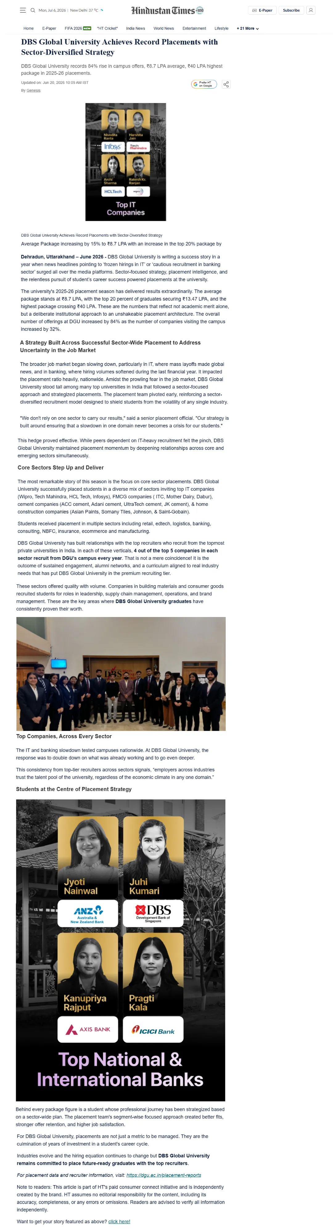 DBS Global University Achieves Record Placements with Sector-Diversified Strategy - Hindustan Times 20-06-26