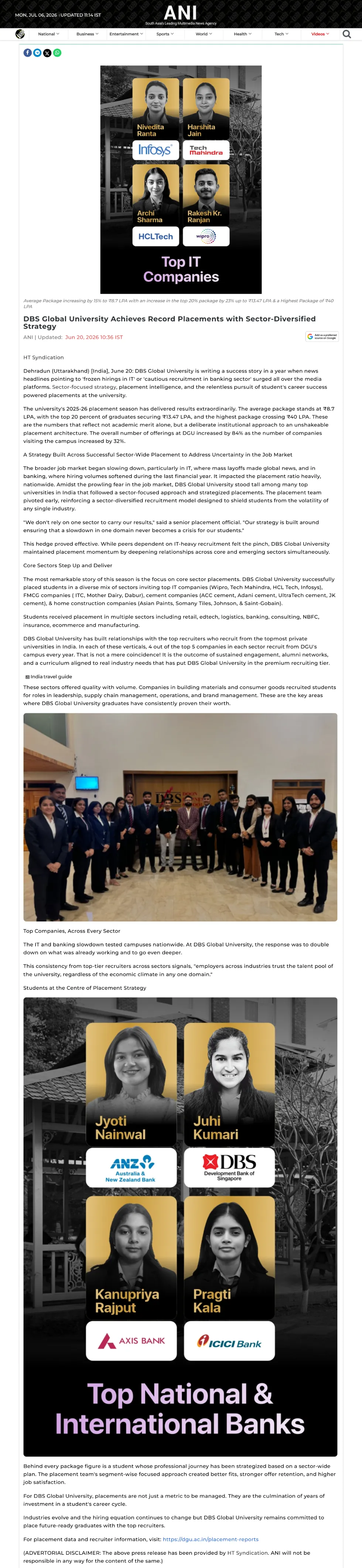 DBS Global University Achieves Record Placements - ANI 20-06-26